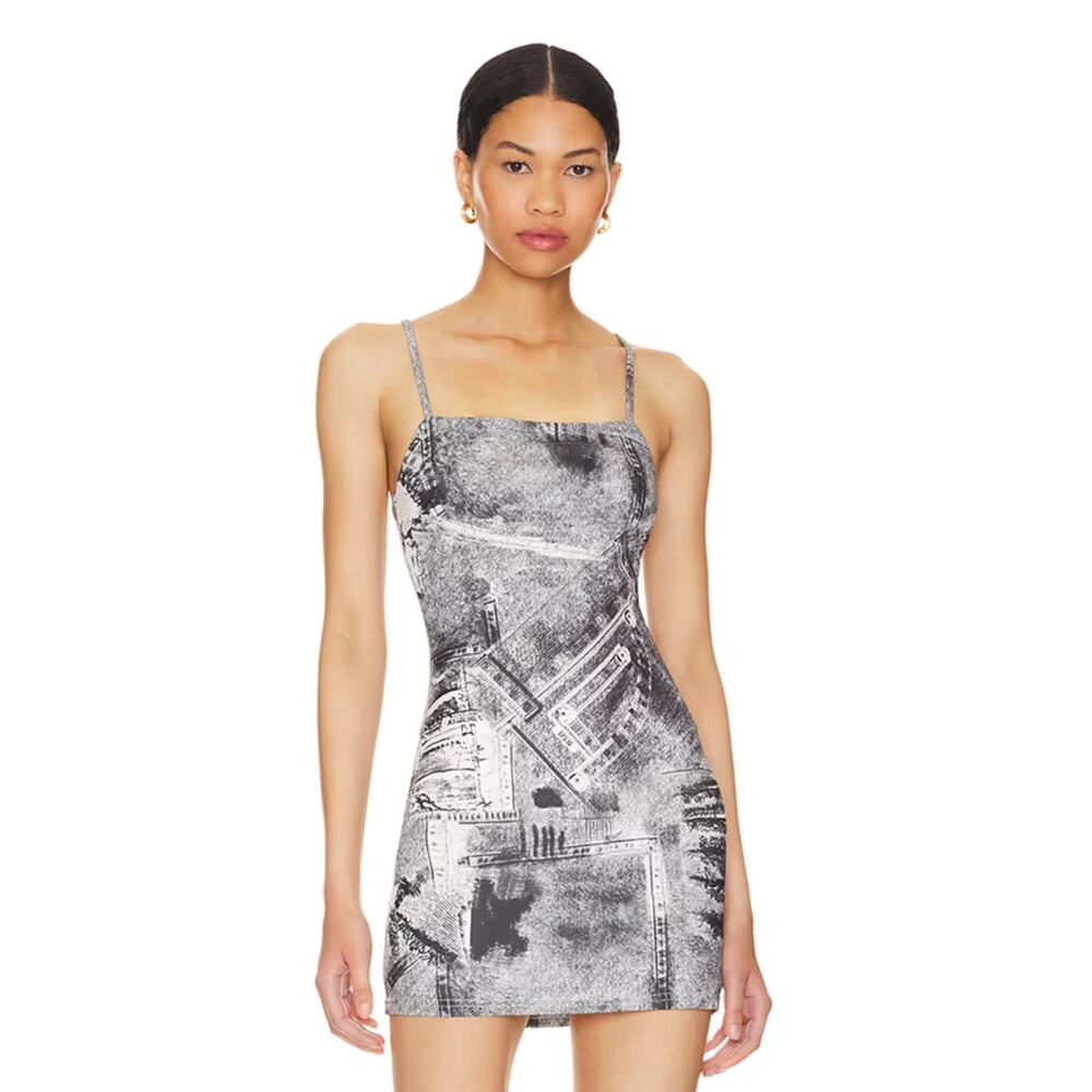Superdown Ana Mini Dress Grey Printed Jersey Sleeveless Square Neck Bodycon Sz S
